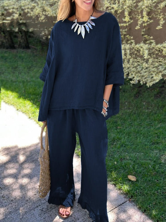 Damen lässiges Leinen-Outfit mit weitem Schnitt und angeschnittenen Ärmeln Heidi-Mode