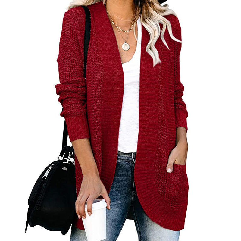 Damen lässige Strickjacke mit offenen Ärmeln und praktischen Taschen Heidi-Mode
