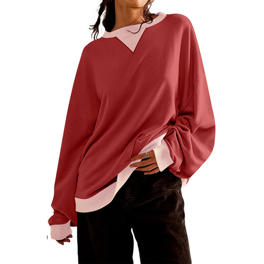 Damen lässiges Sweatshirt mit V-Ausschnitt und Kontrastbündchen Heidi-Mode