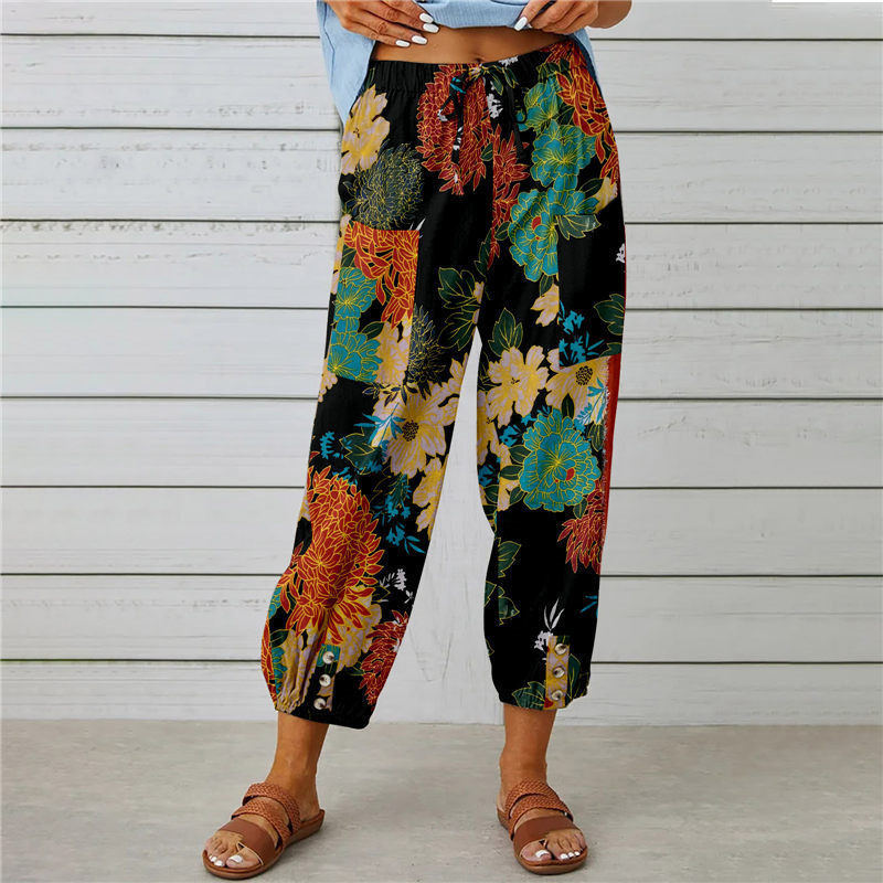 Damen lässige Pant mit floralem Druck und praktischen Knöpfen Heidi-Mode