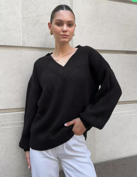 Damen V-Ausschnitt Strickpullover mit voluminösen Ärmeln und strukturierter Oberfläche Heidi-Mode