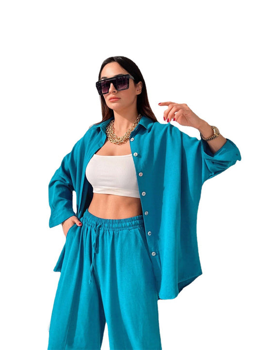 Damen lässiges Freizeit-Set mit übergroßem Hemd und weiten Hosen Heidi-Mode