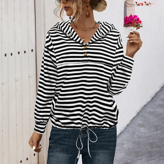 Damen Kapuzensweatshirt mit gestreiftem Design und verstellbarem Bund Heidi-Mode