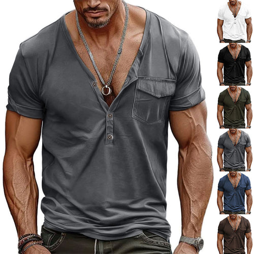 Herren Kurzarm-Henley-T-Shirt mit dekorativer Brusttasche und modernem Schnitt Heidi-Mode