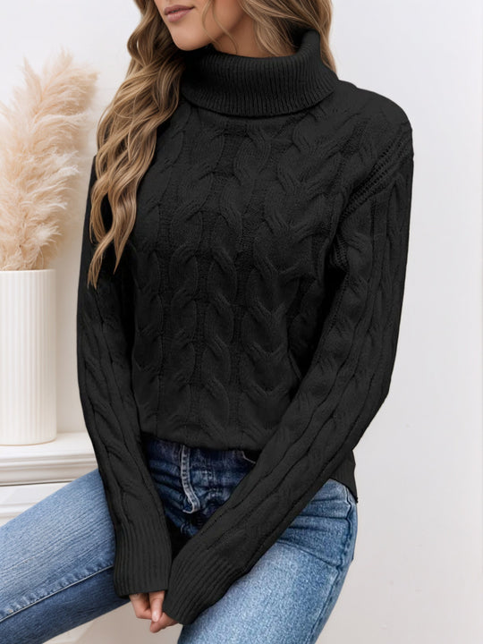 Damen Strickpullover mit hohem Kragen und Zopfmuster Heidi-Mode