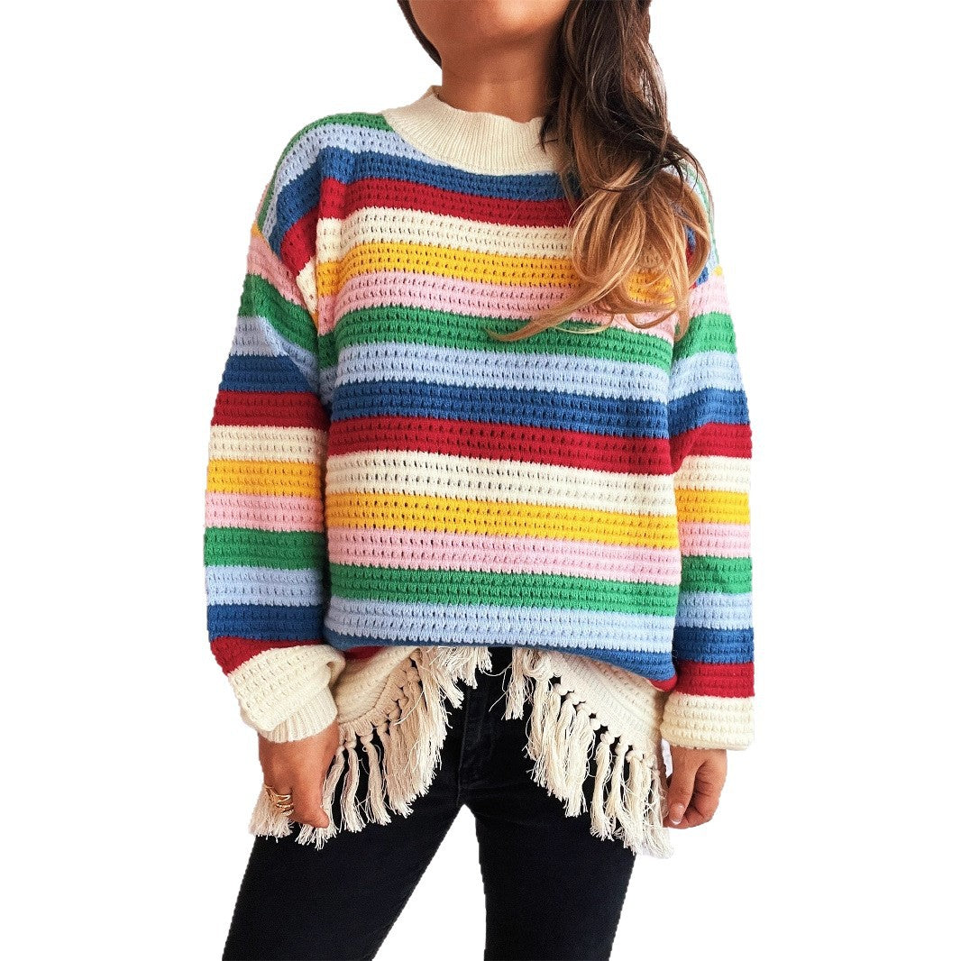 Damen entzückender Pullover mit Fransen und buntem Streifenmuster Heidi-Mode   