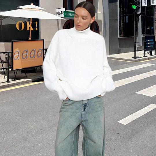 Damen Strickpullover mit hohem Kragen und weitem Schnitt Heidi-Mode