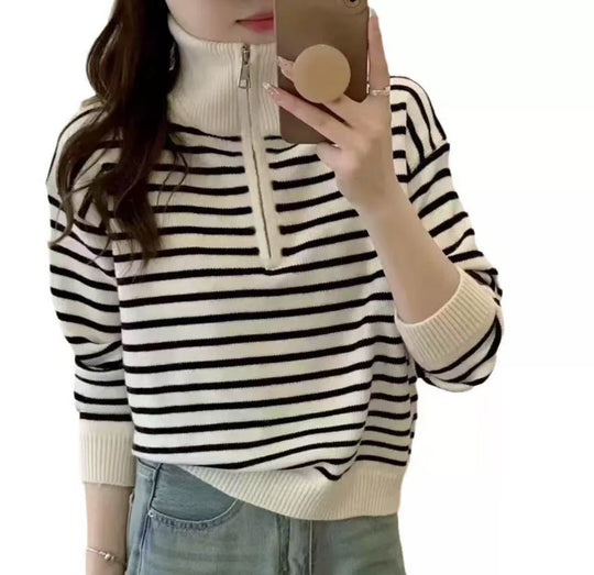 Damen Strickpullover mit kurzem Reißverschluss und modischem Streifenmuster Heidi-Mode