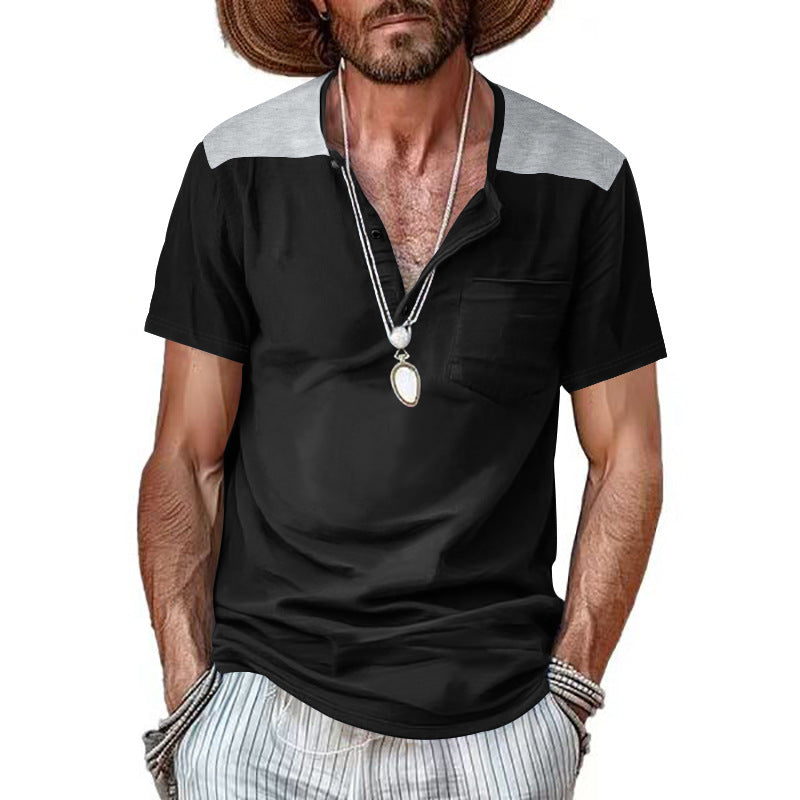 Herren Kurzarm-Henley-Shirt mit kontrastierenden Schulterdetails und praktischer Brusttasche Heidi-Mode