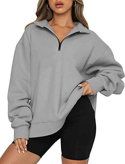 Damen modischer Oversized Pullover mit kurzem Reißverschluss und lässigen Ärmeln Heidi-Mode