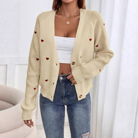 Damen Strickjacke mit Herzmotiven und Knopfverschluss Heidi-Mode