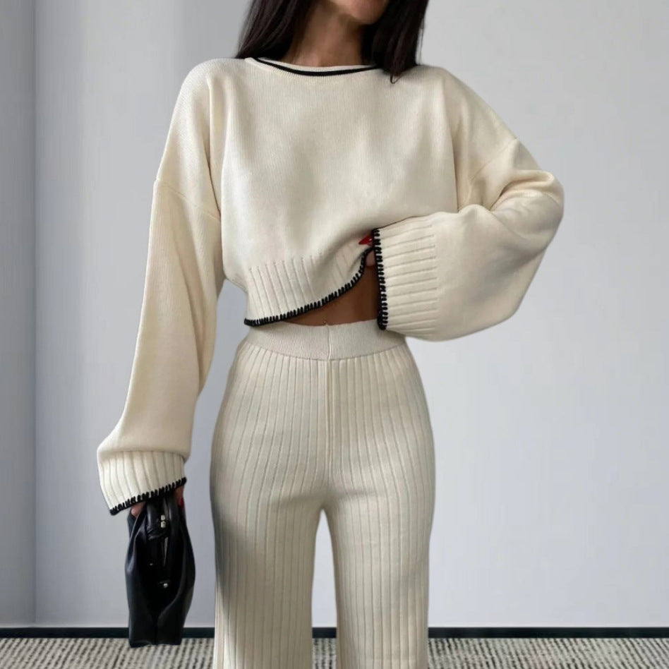 Damen elegantes Strickanzug mit weitem Bein und romantischen Ärmeln Heidi-Mode