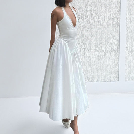 Damen Maxikleid mit tiefem V-Ausschnitt und schwingendem Rock Heidi-Mode