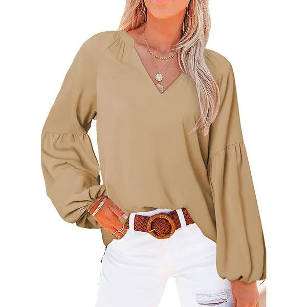 Damen Bluse mit weitem Ballonärmel und elegantem V-Ausschnitt Heidi-Mode