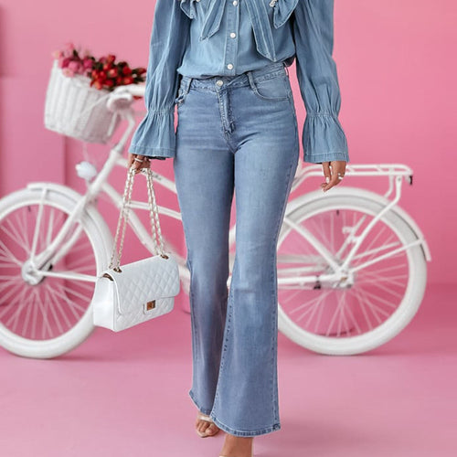 Damen Denim Hemd mit Rüschen und Schleifen-Details Heidi-Mode