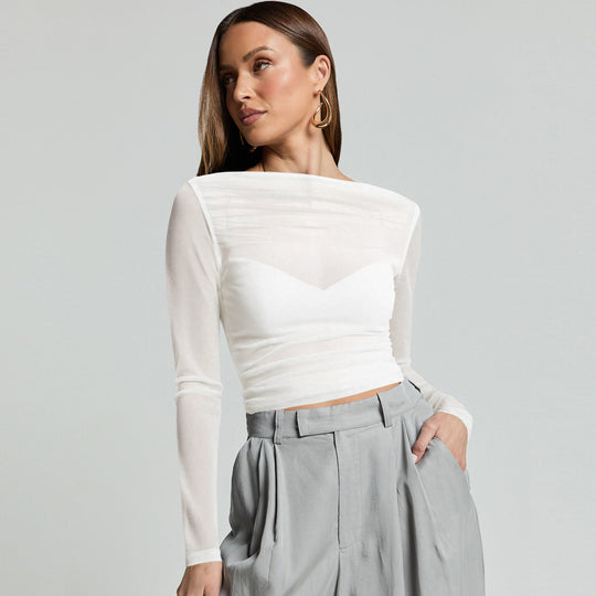 Damen Elegantes Langarmoberteil mit transparentem Mesh und Raffung Heidi-Mode