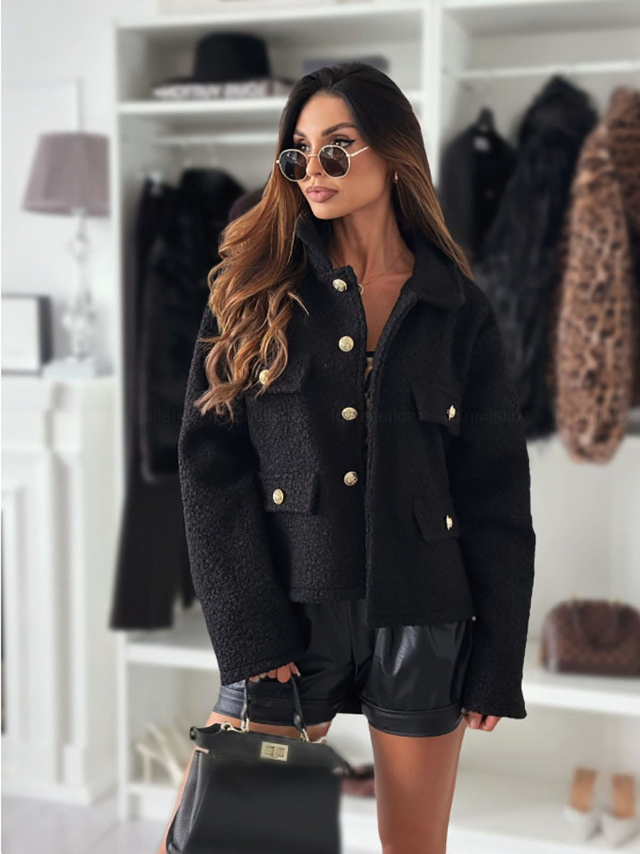 Damen Trendige Bouclé-Jacke mit goldenen Knöpfen und praktischen Taschen Heidi-Mode