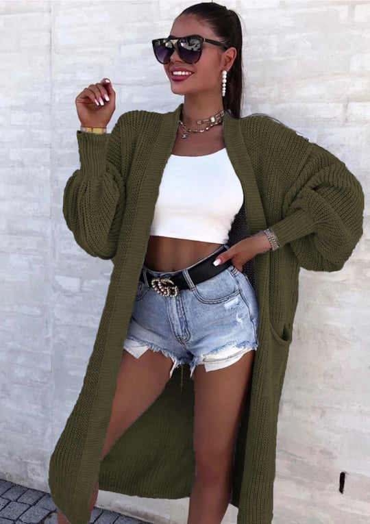 Damen Langer Strickcardigan mit weiten Ärmeln und praktischen Taschen Heidi-Mode