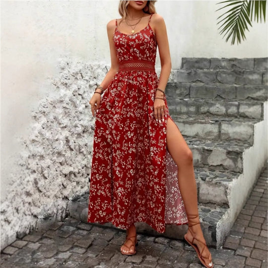 Damen Sommermaxikleid mit floralem Design und raffiniertem Schlitz Heidi-Mode