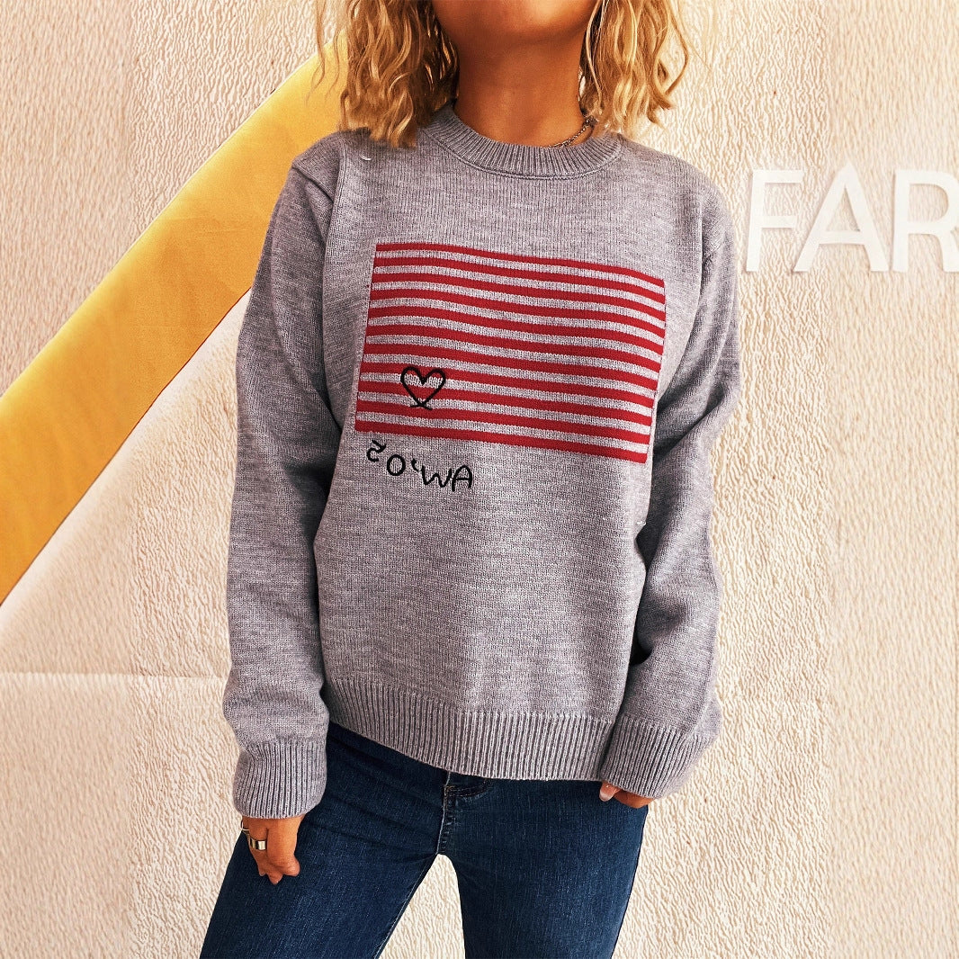 Damen lässiger Pullover mit gestreiftem Design und Herzapplikation Heidi-Mode