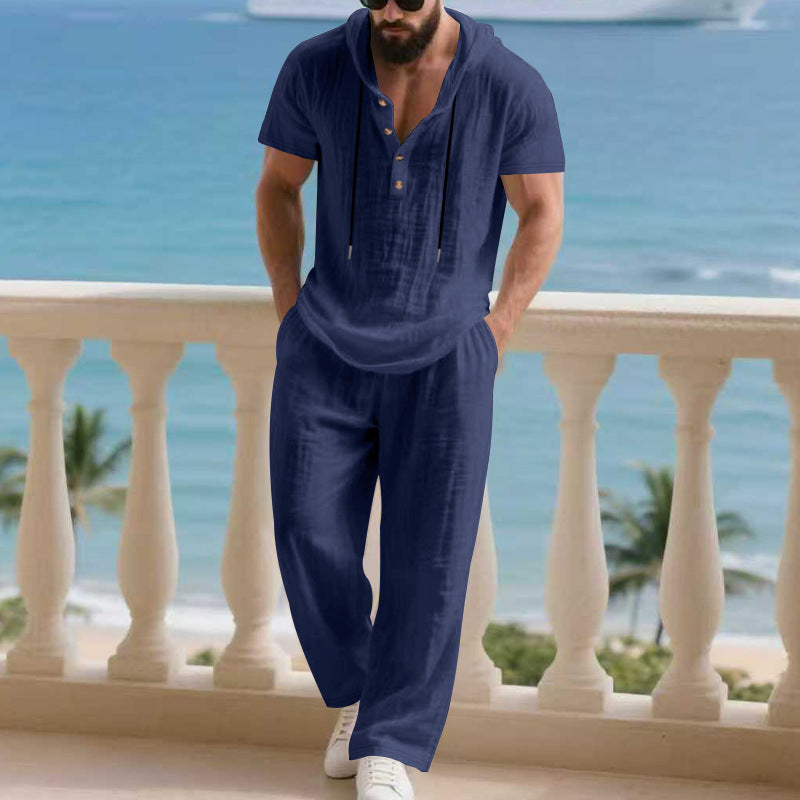 Herren komfortables Freizeit-Set mit modischem Henley-Oberteil und lockeren Hosen Heidi-Mode
