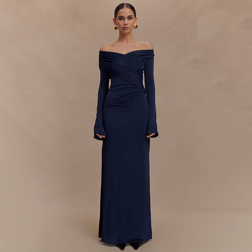 Damen elegantes Maxikleid mit off-shoulder Design und Wickeldetails Heidi-Mode