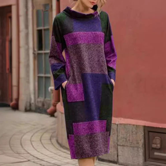 Damen Oversized Kleid mit geometrischem Patchwork-Design Heidi-Mode