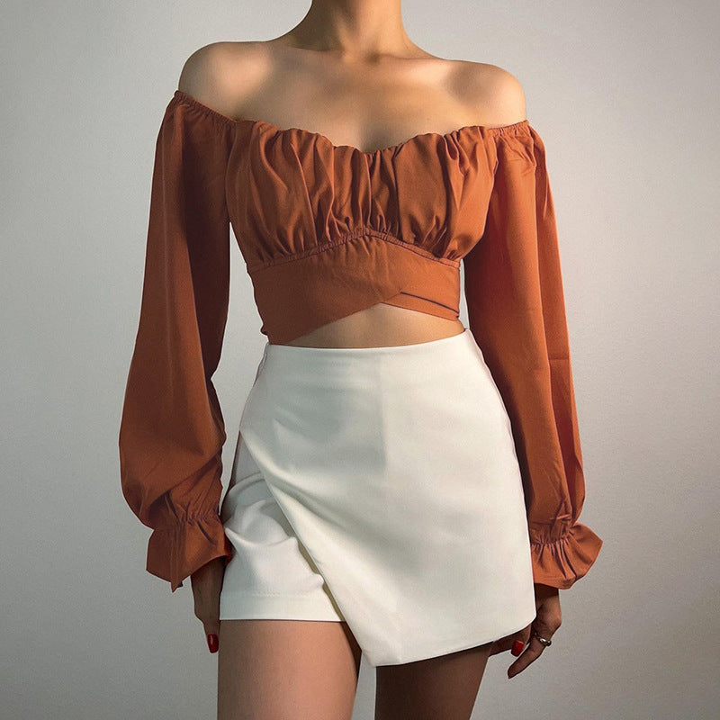 Damen Off-Shoulder Bluse mit Raffung und langen Ärmeln Heidi-Mode