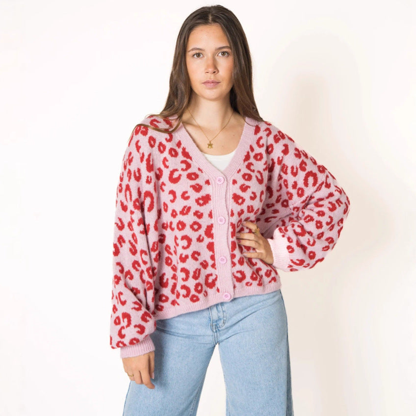 Damen lässiger Strickcardigan mit elegantem Leopardenmuster Heidi-Mode