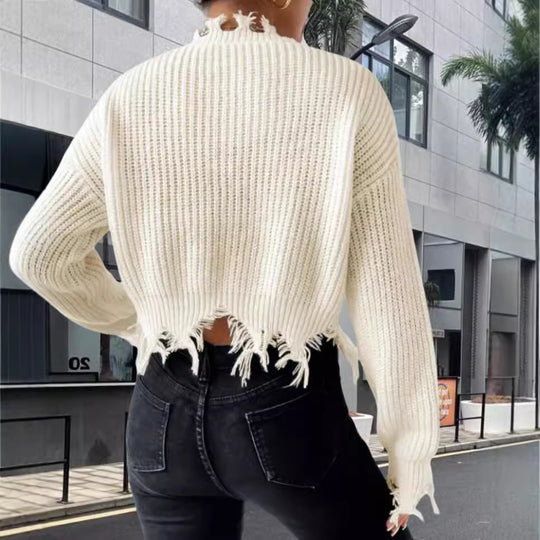 Damen Oversized Strickpullover mit fransigem Saum und raffiniertem Ausschnitt Heidi-Mode