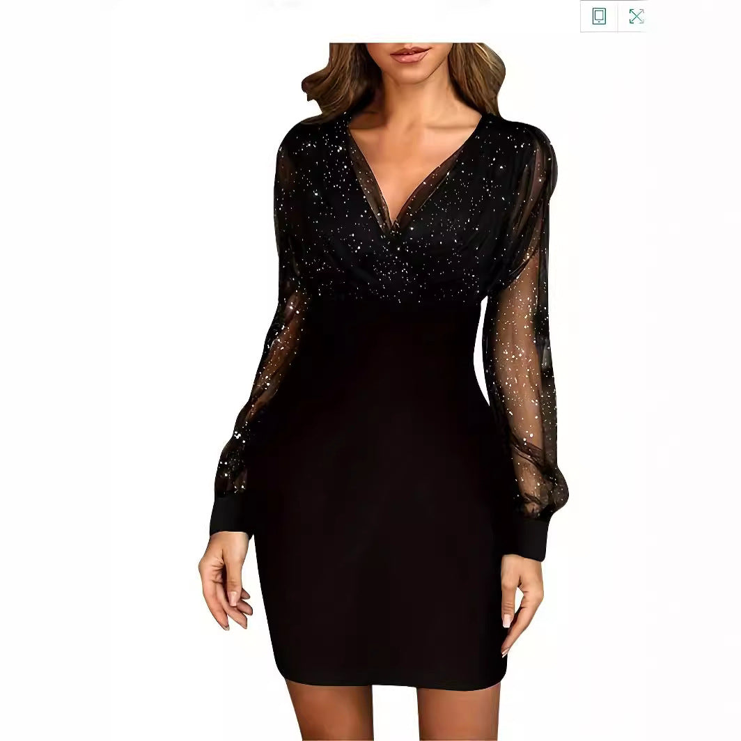 Damen Glitzerndes Cocktailkleid mit transparenten Ärmeln Heidi-Mode