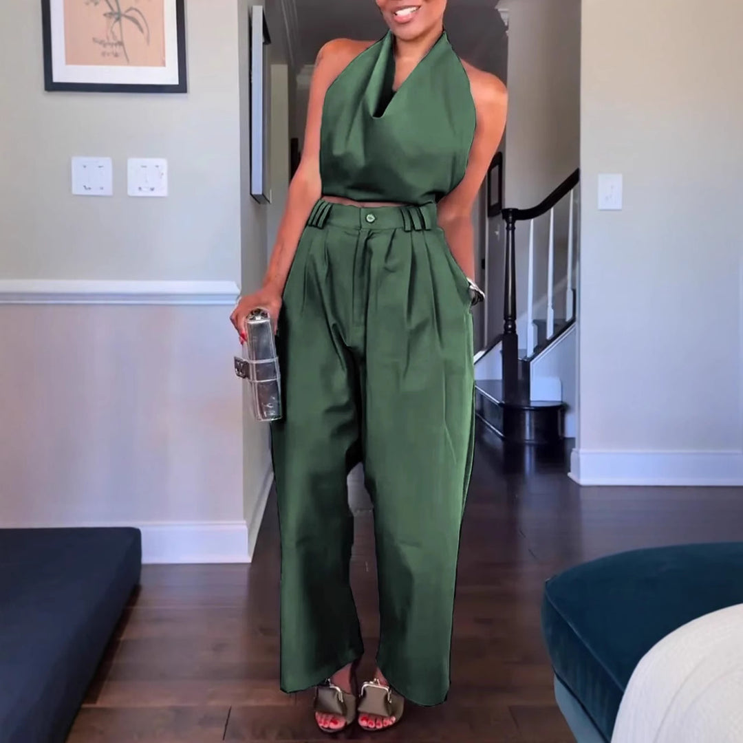 Damen Halterneck Satin Overall mit taillierten Hosen Heidi-Mode