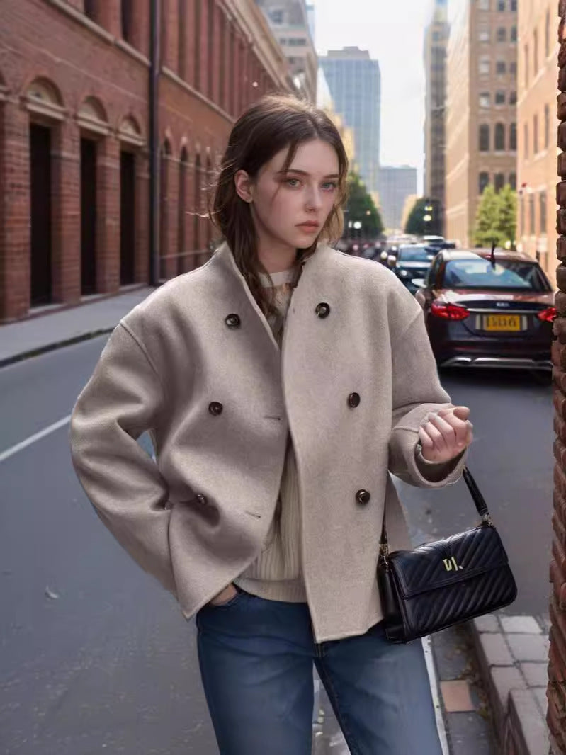 Damen modische Wolljacke mit doppelter Knopfleiste und ausgefallenem Schnitt Heidi-Mode