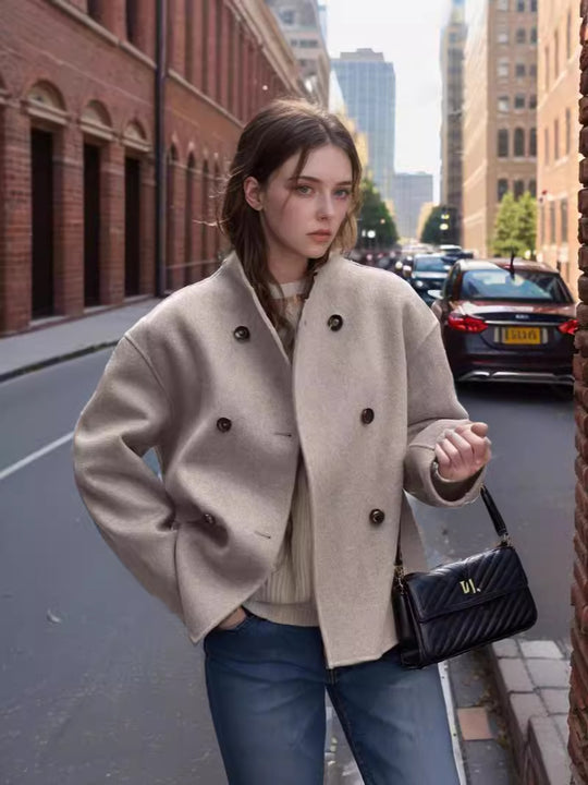 Damen modische Wolljacke mit doppelter Knopfleiste und ausgefallenem Schnitt Heidi-Mode