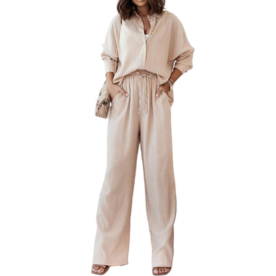 Damen Lässiges Leinen-Outfit mit weit geschnittenem Hemd und lockeren Hosen Heidi-Mode