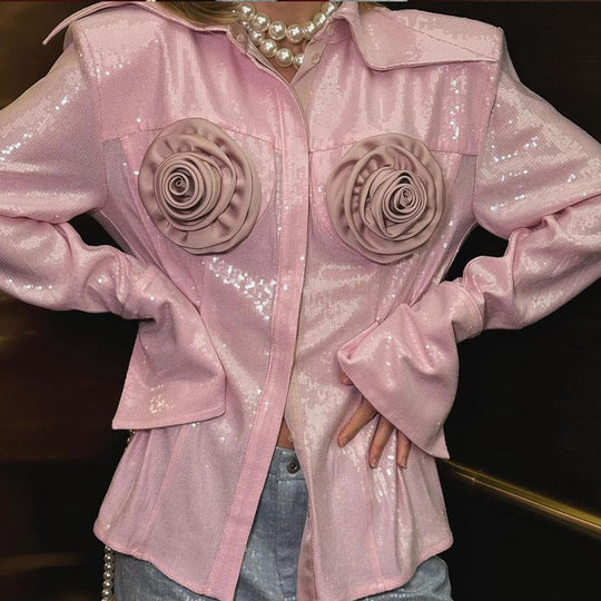 Damen Glamouröse Bluse mit 3D-Rosenapplikationen und Glitzer Heidi-Mode