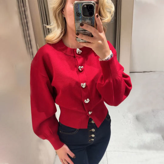 Damen Pullover mit Herzknöpfen und Puffärmeln Heidi-Mode