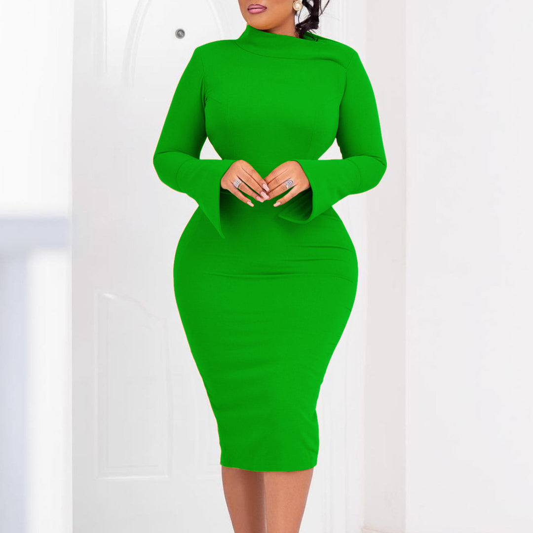 Damen Elegantes Etuikleid mit asymmetrischem Kragen und weitem Ärmel Heidi-Mode