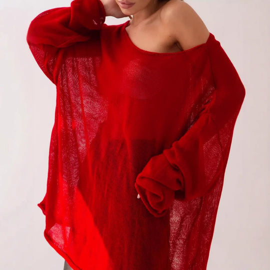 Damen luftige Strickbluse mit offenen Schultern und weiten Ärmeln Heidi-Mode