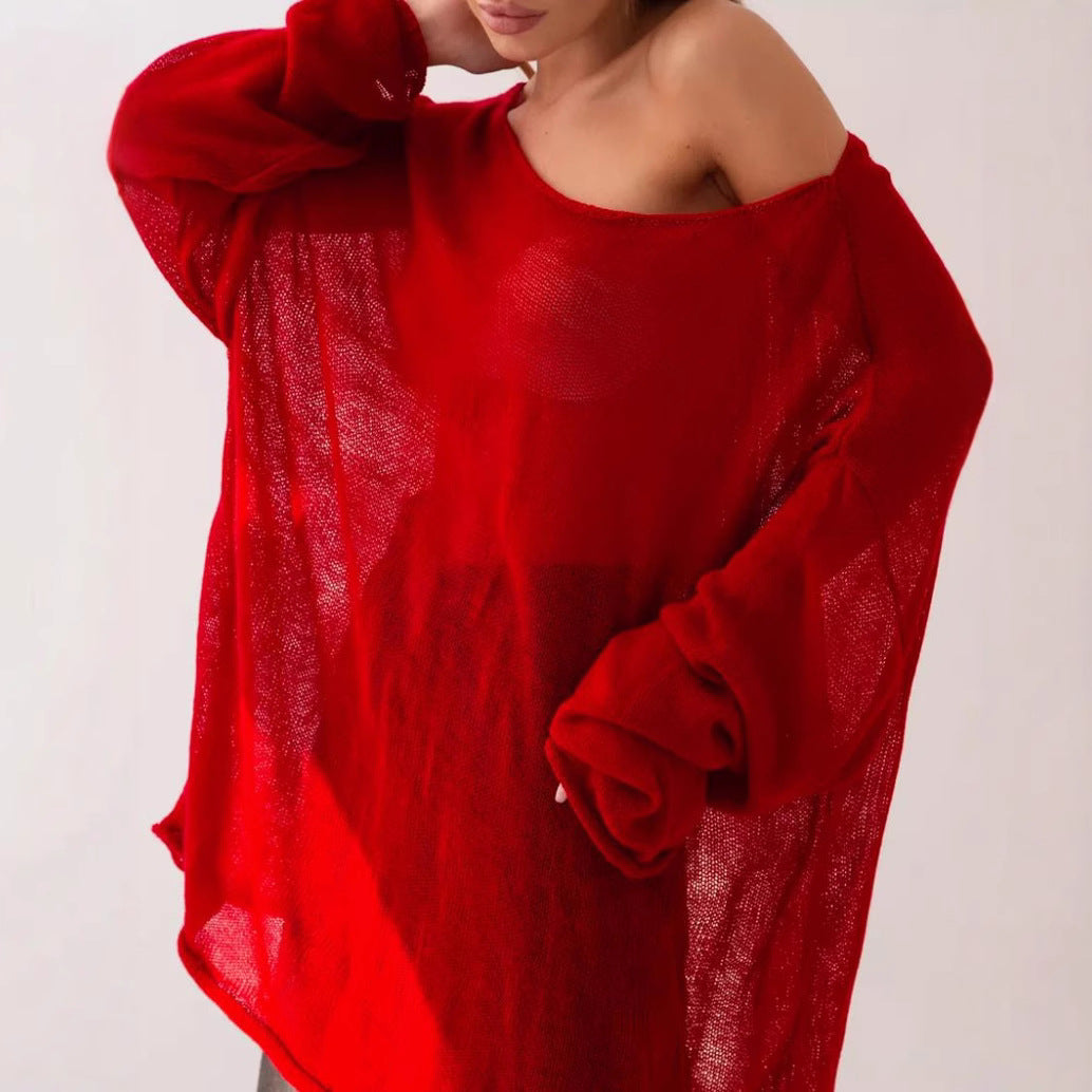 Damen luftiger Oversize-Strickpullover mit weitem Schnitt und transparentem Gewebe Heidi-Mode