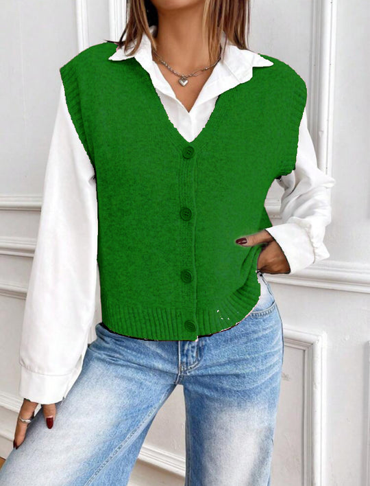 Damen Strickweste mit V-Ausschnitt und modischen Knöpfen Heidi-Mode