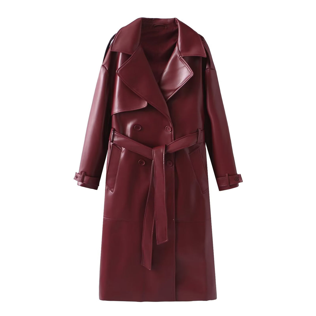 Damen Kunstleder-Trenchcoat mit elegantem Schnitt und taillierbarem Gürtel Heidi-Mode
