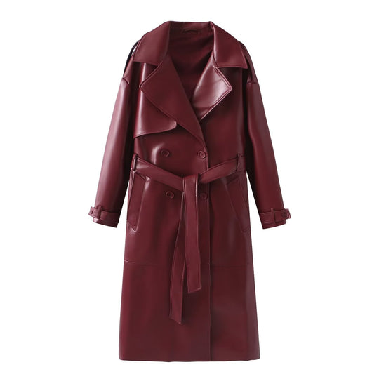 Damen Kunstleder-Trenchcoat mit elegantem Schnitt und taillierbarem Gürtel Heidi-Mode