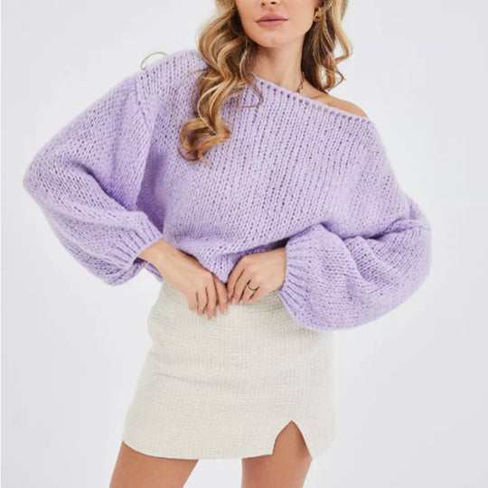 Damen Flauschiger Off-Shoulder Pullover mit überschnittenen Schultern Heidi-Mode