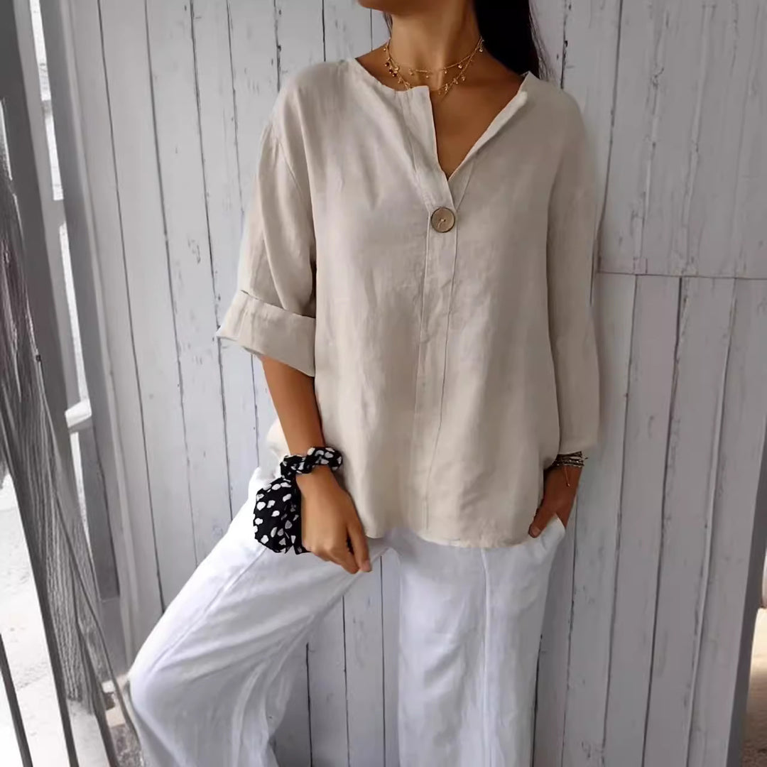 Damen Luftiges Leinenoberteil mit Knopfdetails und lässigem Schnitt Heidi-Mode