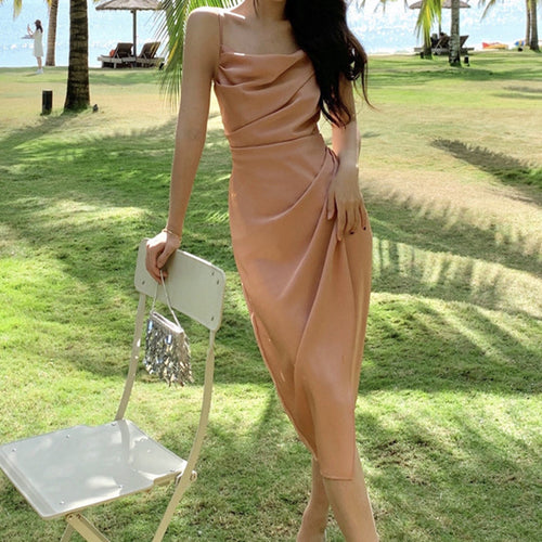 Heidi-Mode | Sommer Französischer Satin Sexy Sling Schlitz Lang Kleid