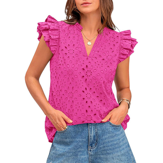 Damen Bluse mit Rüschenärmel und floralem Lochmuster Heidi-Mode