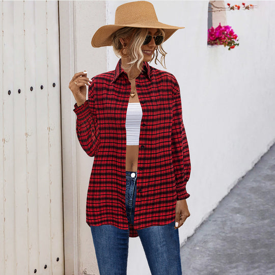 Damen Karobluse mit angeschnittenen Ärmeln und elastischen Ärmelsäumen Heidi-Mode