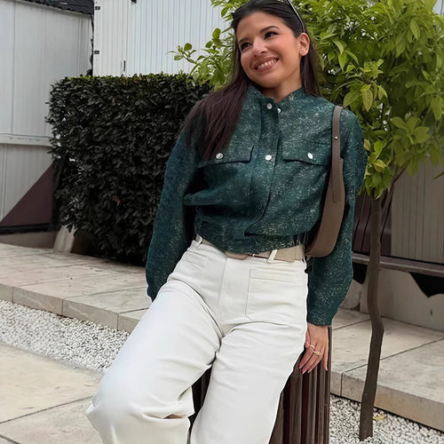 Damen modische Utility-Jacke mit Taschen und Druckknöpfen Heidi-Mode