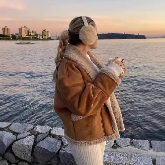Damen kuschelige Blazerjacke im Teddy-Look mit praktischem Taschen Heidi-Mode